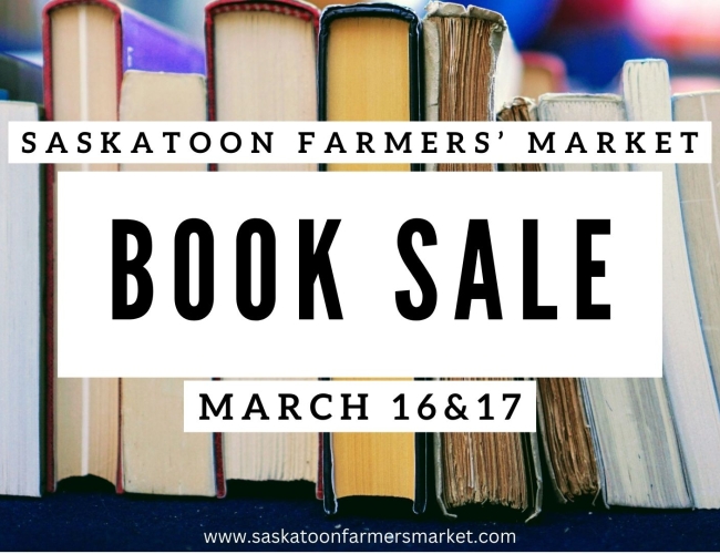 books on a shelf and white sign saying book sale March 16 &17