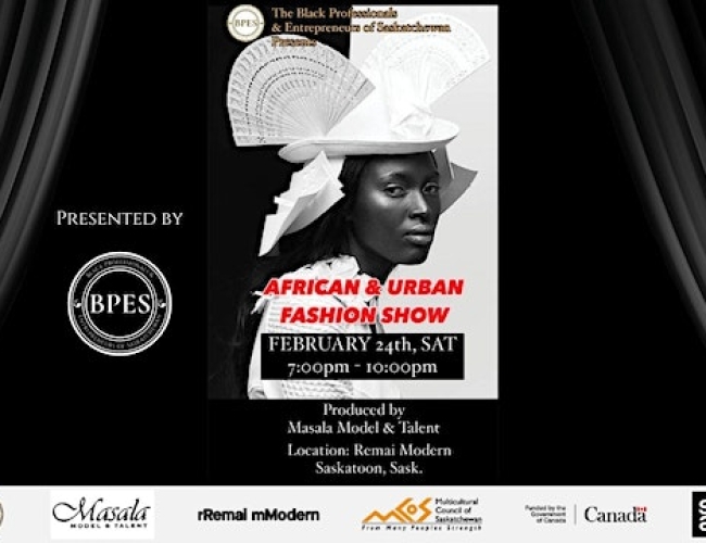 Black Model on a poster that says Presented by Black Professionals and Entrepreneurs of Saskatchewan. Curtains on either side of model with sponsors of event listed on the bottom.