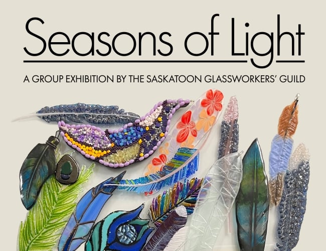 Seasons of Light is a group exhibition by the Saskatoon Glassworkers Guild March 16 to May 4, 2024. The photo contains a collection of brightly coloured, and unique handcrafted glass feathers.