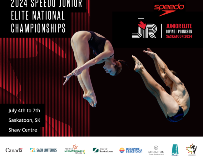 A photo of  a male and female diver, with "2024 Speedo Junior Elite National Championships", event date and location.