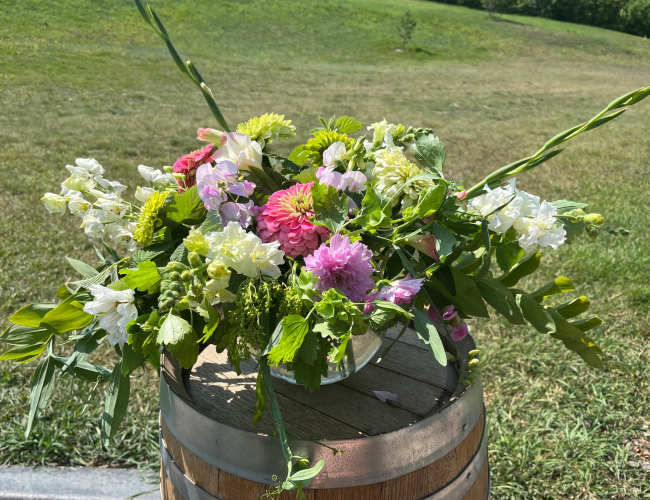 Pink flower arrangement made at the Black Fox Flower Class