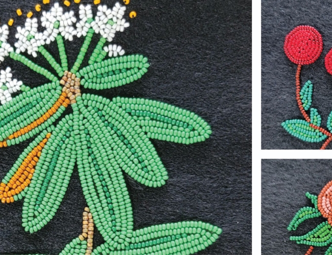 three images of traditional Indigenous bead embroidery