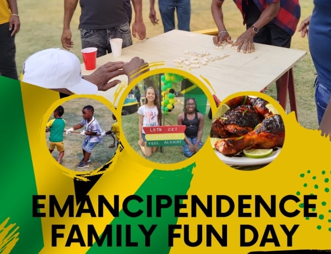 kids playing tug of war, 2 girls smiling by a sign that says lets get together and feel alright, Jamaican jerked chicken, men playing dominoes, Saskatoon Reggae Canadians invites all to our Emancipendence Family Fun Day August 5, 2024 Pike lake provincial park 10 am -7:00 pm. games, fun, food, prizes and surprises. images and words are on a background of the Jamaican flag which had diagonal gold lines that form an x. alternate green on left and right and black on top and bottom. 