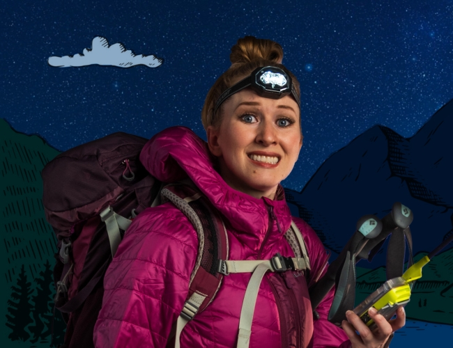 A nervous woman in full hiking gear contemplates if the decision to go on this hike was a good one.