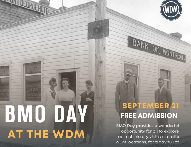 Black and white historical photo of the Bank of Montreal building with five people standing outside, dressed in early 20th-century attire. The image includes a modern overlay with the WDM logo in the top right corner. Text reads 'BMO Day at the WDM' in bold white and orange letters. Additional text reads 'September 21 Free Admission