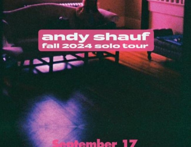 Image of someone sitting on a couch with window behind them. Colours are pink, purple, blue and black. Face of the person is not seen but presumed to be Andy Shauf. Text on poster says: "andy shauf, fall 2024 solo tour. September 17, saskatoon, SK, The Broadway Theatre." Bottom of image is logo for broadway theatre and CFCR. 