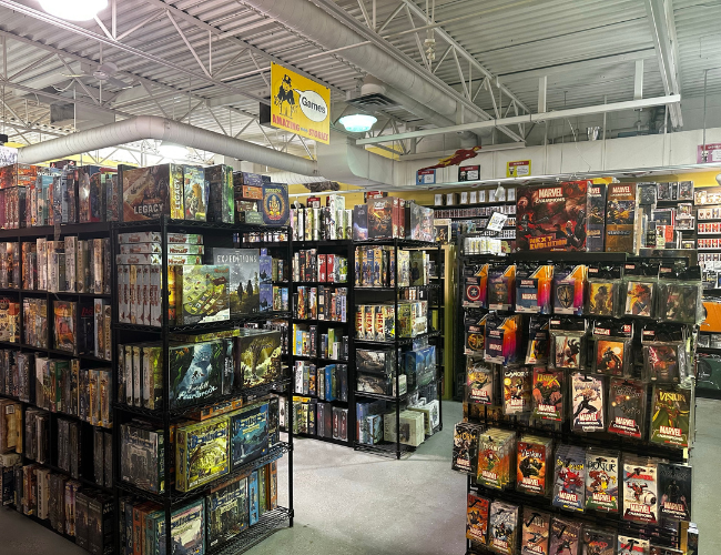 Board games on shelves at Amazing Stories