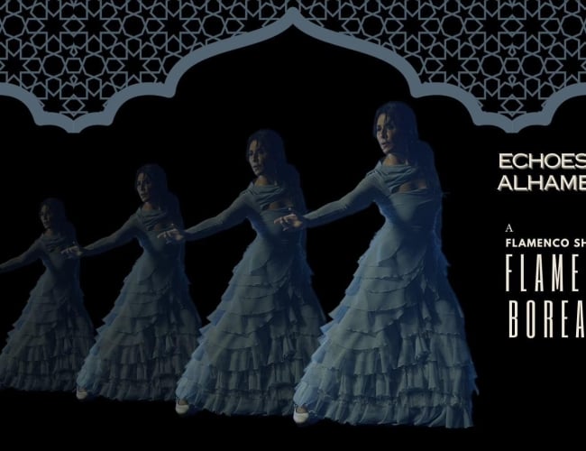 A flamenco dancer replicated four times (like echoes) under a Moorish arch