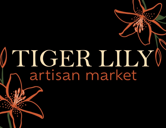 Image says "Tiger Lily Artisan Market" and shows a tiger lily, the market's logo.