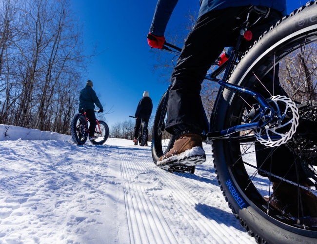 image from a lower perspective of a snowy road/trail, and 3 people on fat bikes