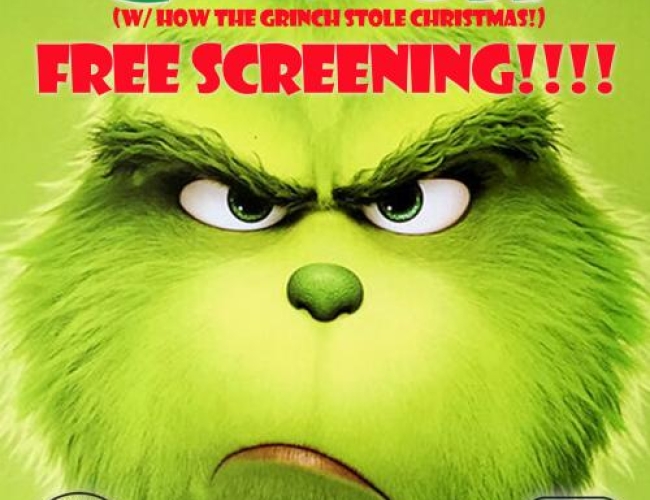 Poster of the animated movie the grinch, with the grinch frowning. Text says: "9 mile legacy presents: the grinch, with how the grinch stole christmas! Free screening!!!! December 23, 2024 at 2pm, at the broadway theatre."