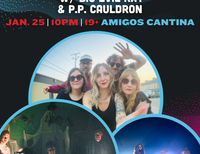 Image of winterruption poster: The Radiation flowers with BIG EVIL RAT and P.P. Cauldron. Text says: Jan. 25th at 10pm, 19+ show at amigos cantina. 