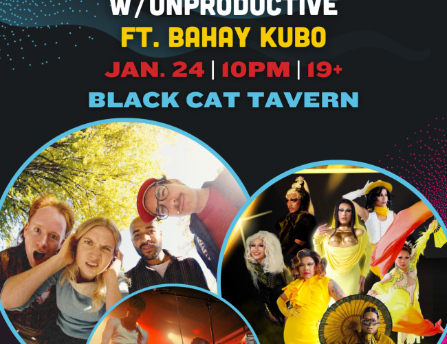 Image of winteruption show: Winona forever with Unproductive ft. Bahay Kubo. Text says: Jan. 24th at 10pm, 19+ show at the Black Cat Tavern.