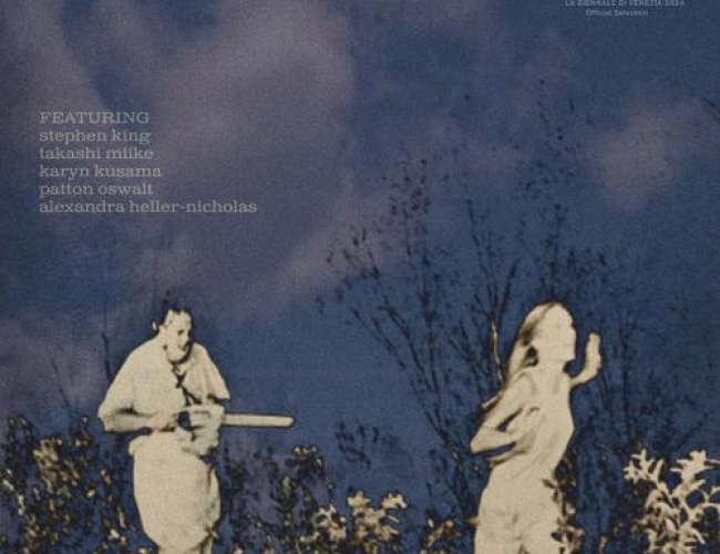 Image of the movie Chain Reactions. Image is a blue sky background with a girl running from a man with a chainsaw in a field in white and black. Text says: "Chain reactions, the texas chain saw massare at 50. featuring Stephen King, Takashi Miike, Karyn Kusama, Patton Oswalt and Alexandra Heller-Nicholas."