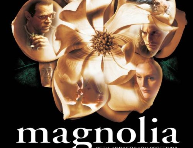 Poster of the movie magnolia, with a white/cream flower with photos of the actors from the film in the petals. Text says: "A Requisite Cinema Screening, magnolia, 25th anniversary screening. The broadway theatre, thursday december 26th, 2024 at 7pm. Advance tickets at broadwaytheatre.ca"