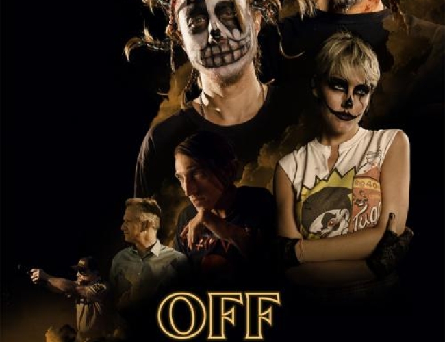 Image of the movie off ramp. Actors are looking off in the distance while wearing kiss/heavy metal makeup. Test says: "A juggalo road trip through the underbelly of america. Off Ramp; a Nathan Tape Film"