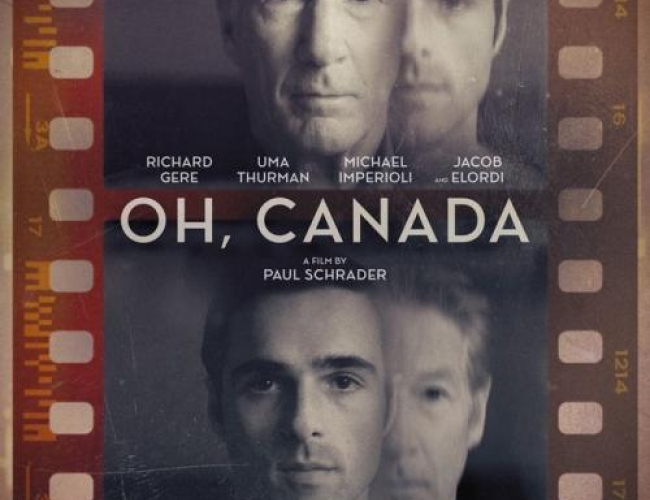 Poster of the movie Oh Canada, with photos of Richard Gere and Jacob Elordi. Text says actors names and a film by Paul Schrader.