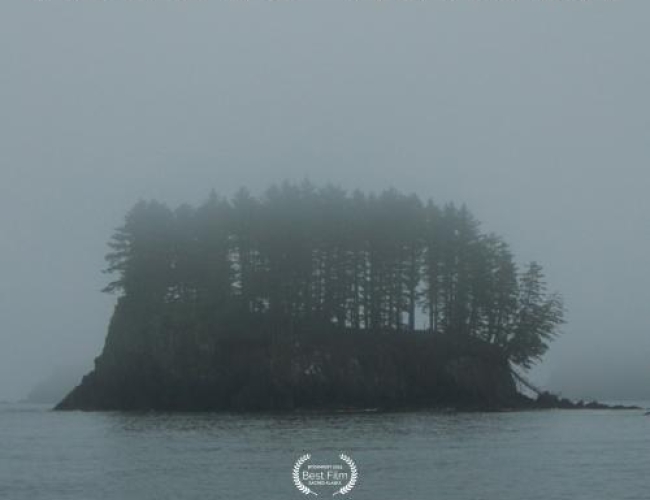 Image is of movie Sacred Alaska, with a small island covered in trees surrounded by water, in the fog. Entire image is grey toned. 