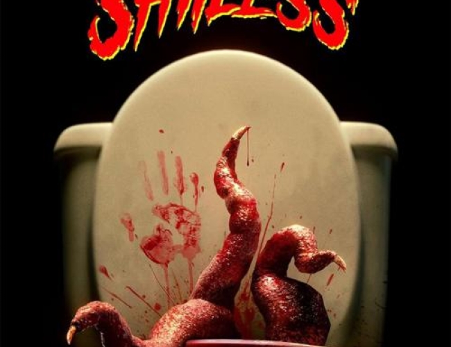 Image of movie poster scared shitless. Image is a toilet covered in blood with a hand print on the lid and tentacles coming out of the toilet bowl. Text says movie name and "Don't forget to flush."