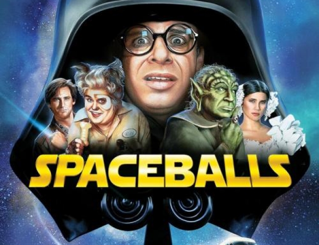 Image of the movie spaceballs; with the actors dressed up as spoofed characters from star wars.