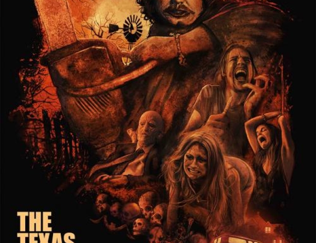 Image of the poster for the film Texas Chain Saw Massacre. Image is the bad guy with a chain saw and victims of his (presumably), all in red tone. Text is movies name and 50th anniversary added to the end. 