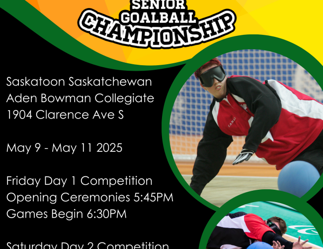 Logo depicts Rally, mascot for SBSA; pictures are of two Canadian Goalball Paralympians   