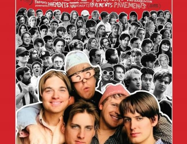 Image of the band Pavements when they were in their early 20s, with cast of the movie in black and white behind them.