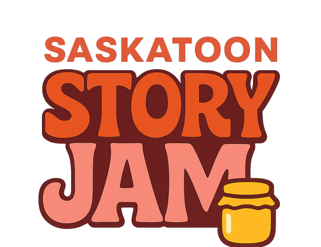 A colorful logo for "Saskatoon Story Jam." The text is bold and playful, with "SASKATOON" in uppercase orange letters, "STORY" in larger, rounded orange-red letters, and "JAM" in big pink letters. A small illustrated jar of jam with a yellow lid appears next to the word "JAM," emphasizing the fun, creative tone of the event.