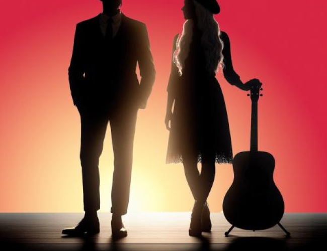 Image of the silhouette of Leonard Cohen and Joni Mitchell holding a guitar standing side by side in front of a sunset. Text is written: Leonard Cohen & Joni Mitchell The Untold Love Story PRESENTED BY STARS & STORIES.
