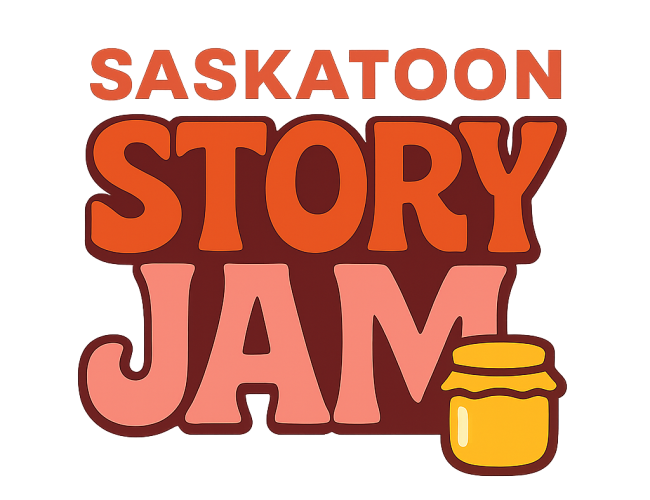 A sign that says "Saskatoon Story Jam" in pink and red text. A jar of jam in the bottom right corner.
