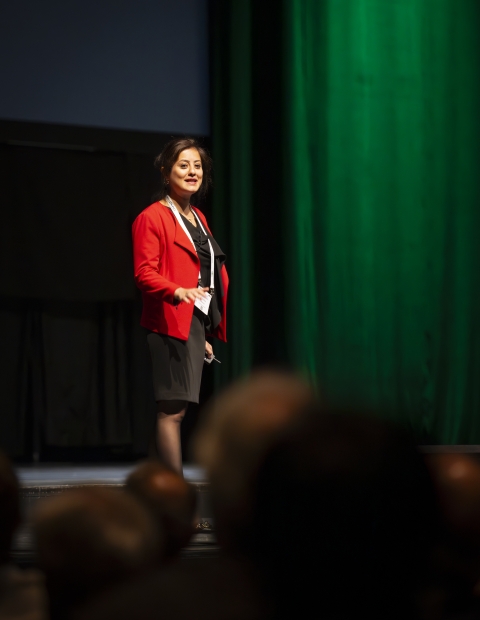 A woman presenting