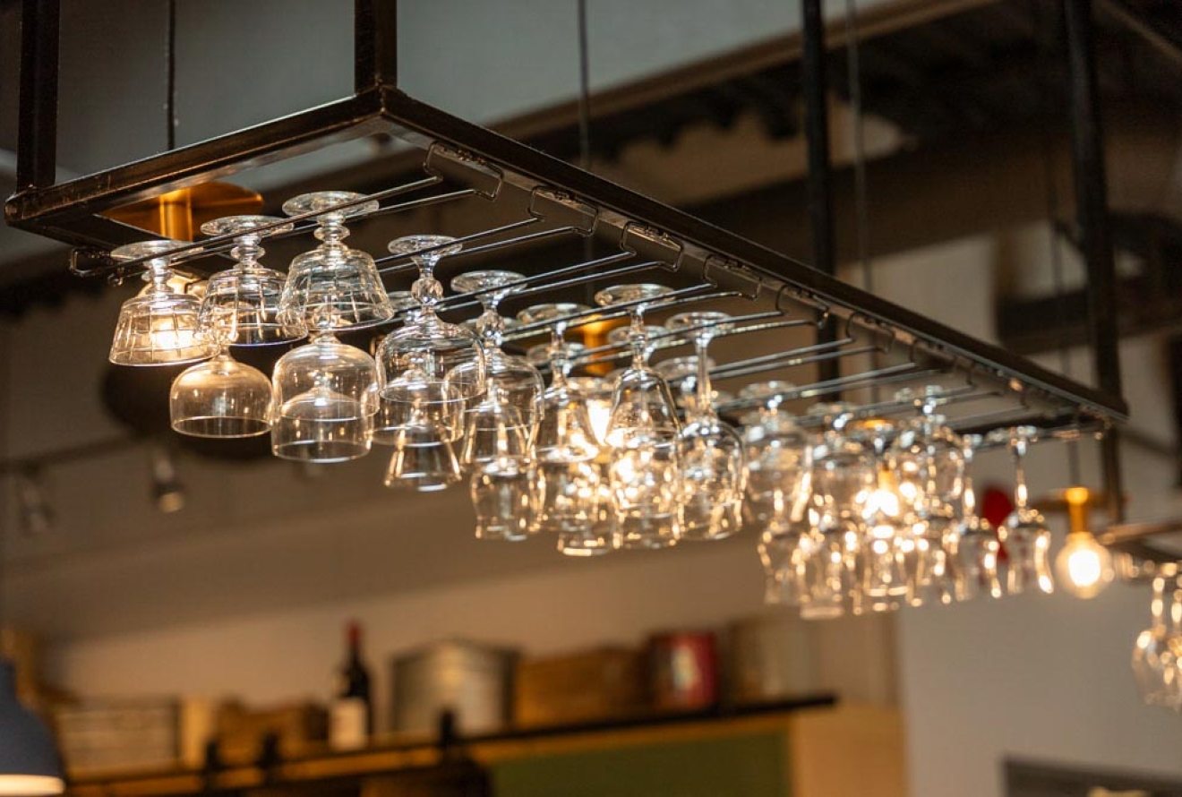 display of wine glasses hanging at Odla