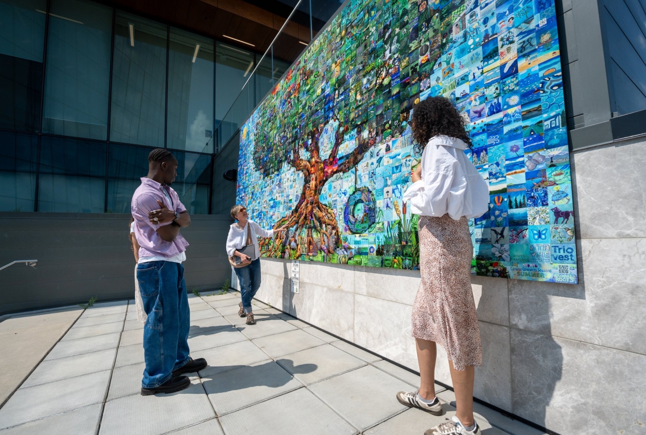 people looking at mural 